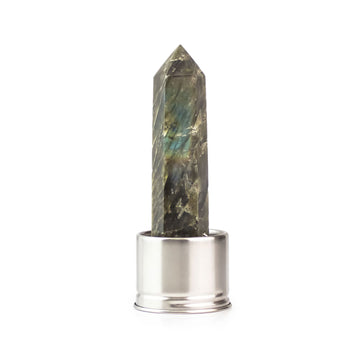 Labradorite crystal attachment for Gemini Laterra Gemstone Water Bottle, front view on white background.